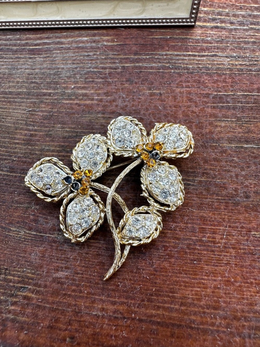 Vintage Rhinestone Floral Brooch – Clear & Topaz Crystal Flower Spray - Picture 2 of 6